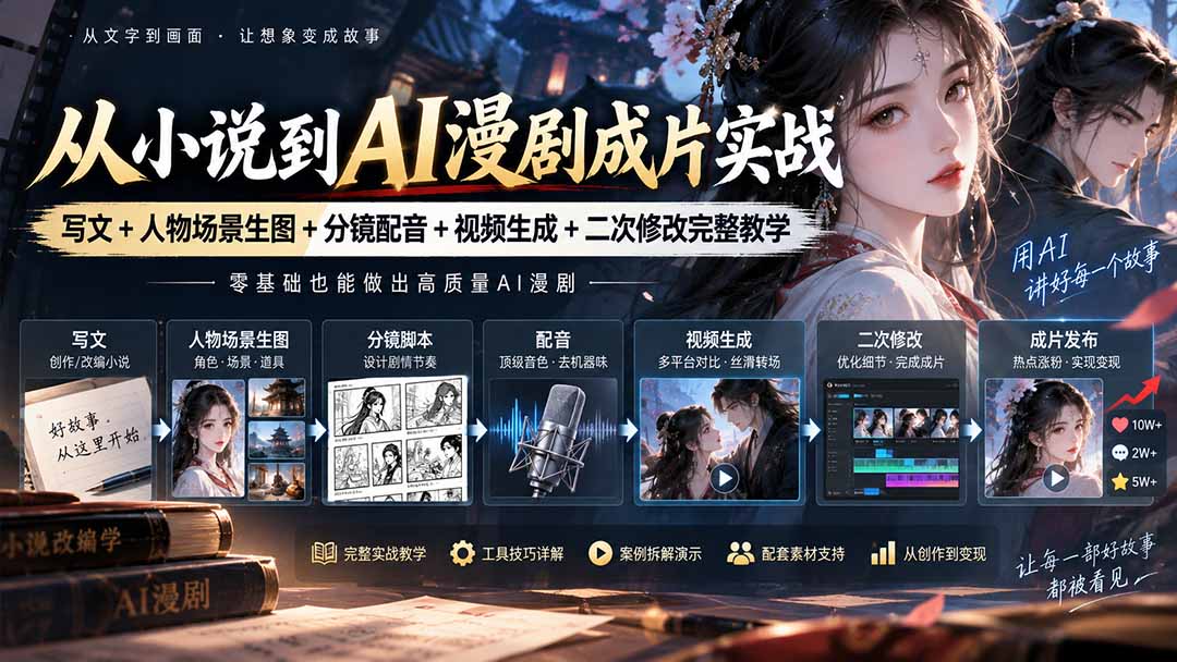 从小说到AI漫剧成片实战：写文+人物场景生图+分镜配音+视频生成+二次修改完整教学-泱泱学习社