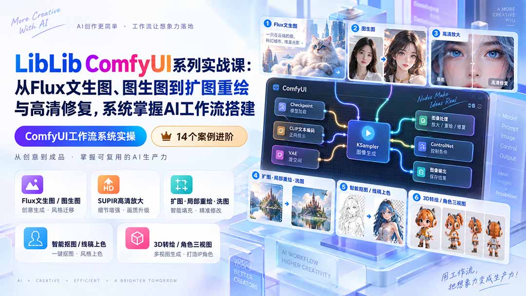 LibLib ComfyUI系列实战课：从Flux文生图、图生图到扩图重绘与高清修复，系统掌握AI工作流搭建-泱泱学习社