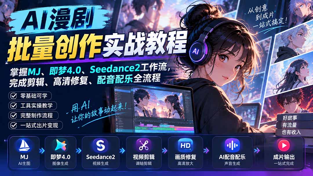 AI漫剧批量创作实战教程:掌握MJ、即梦4.0、Seedance2工作流,完成剪辑、高清修复、配音配乐全流程-泱泱学习社