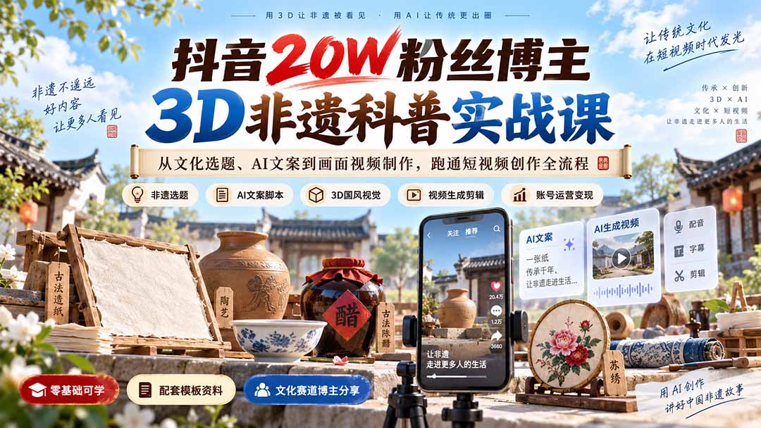 抖音20W粉丝博主3D非遗科普实战课：从文化选题、AI文案到画面视频制作，跑通短视频创作全流程-泱泱学习社