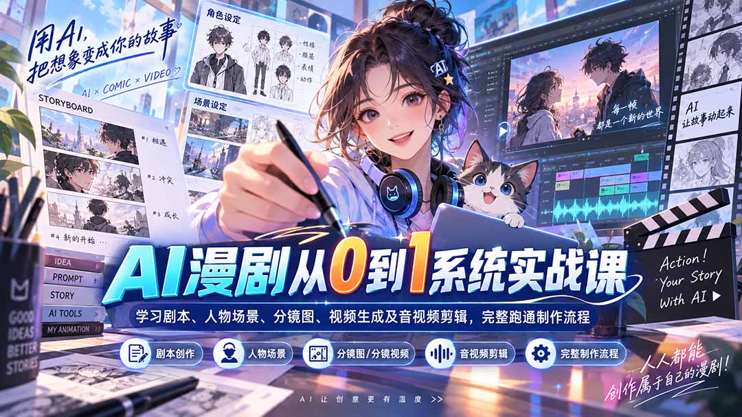 AI漫剧从0到1系统实战课：学习剧本、人物场景、分镜图、视频生成及音视频剪辑，完整跑通制作流程-泱泱学习社