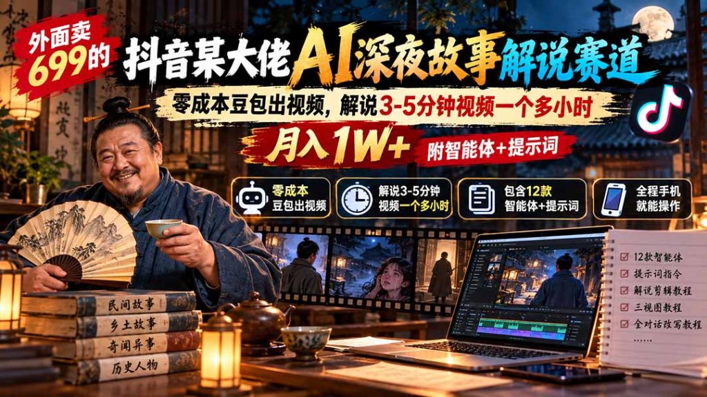 外面卖699的抖音某大佬AI深夜故事解说赛道：零成本豆包出视频，解说3-5分钟视频一个多小时，月入1W+附智能体+提示词-泱泱学习社
