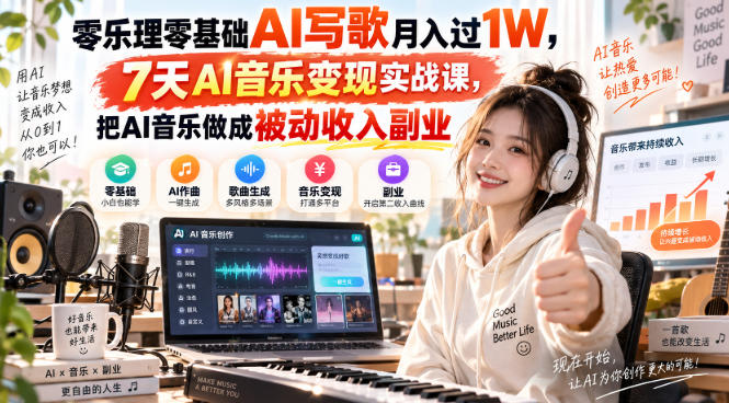 零乐理零基础AI写歌月入过1W，7天AI音乐变现实战课，把AI音乐做成被动收入副业-泱泱学习社