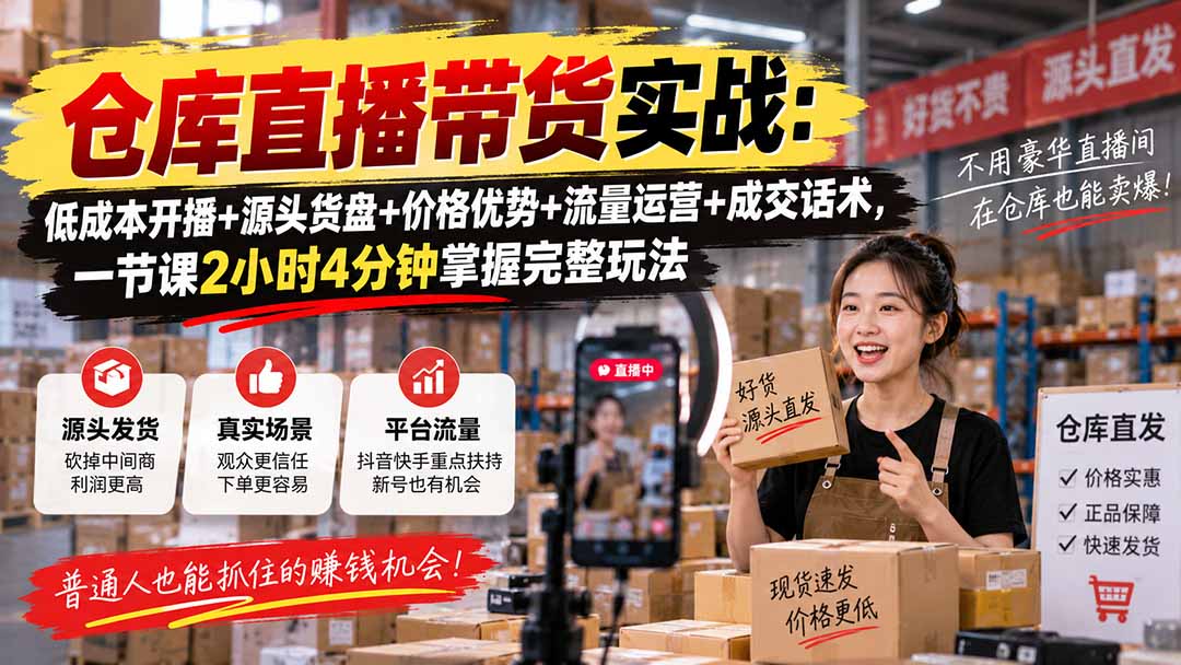 仓库直播带货实战：低成本开播+源头货盘+价格优势+流量运营+成交话术，一节课2小时4分钟掌握完整玩法-泱泱学习社