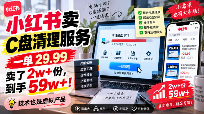 小红书卖C盘清理服务，一单29.99，卖了2w+份，技术也是虚拟产品-泱泱学习社