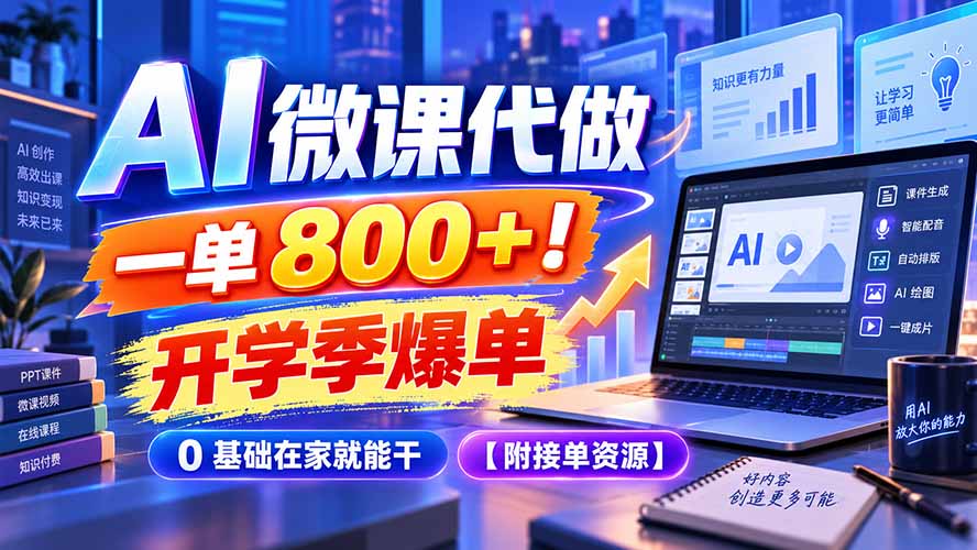 AI 微课代做,一单 800+!开学季爆单,0 基础在家就能干【附接单资源】-泱泱学习社