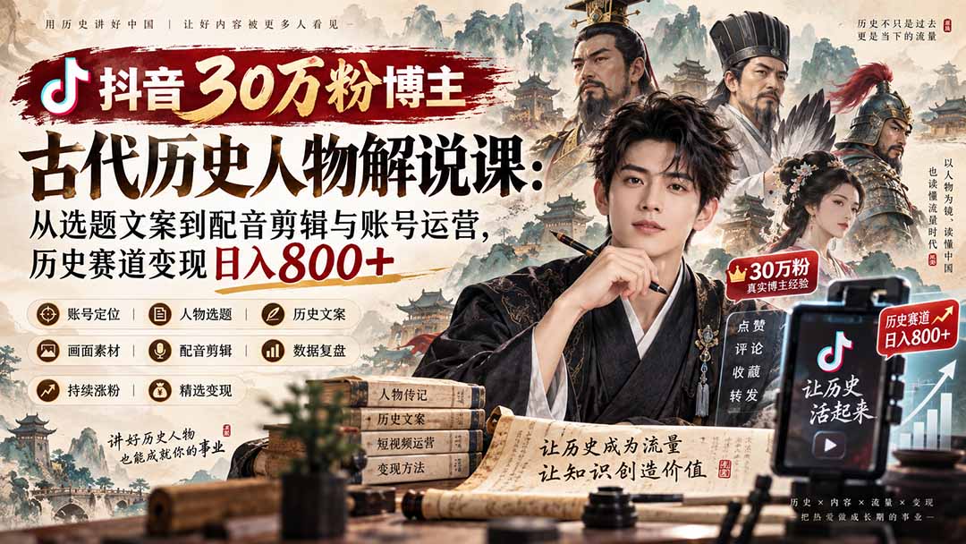 抖音30万粉博主古代历史人物解说课:从选题文案到配音剪辑与账号运营,历史赛道变现日入800+-泱泱学习社
