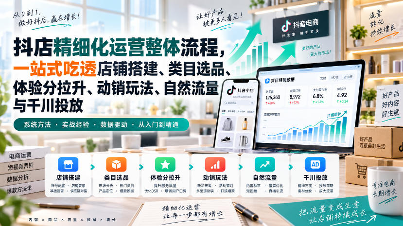 李哥电商-抖店精细化运营整体流程,一站式吃透店铺搭建、类目选品、体验分拉升、动销玩法、自然流量与千川投放-泱泱学习社