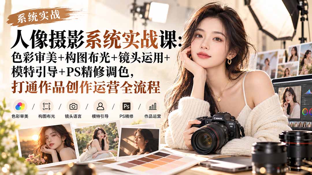 【无水印】人像摄影系统实战课：色彩审美+构图布光+镜头运用+模特引导+PS精修调色，打通作品创作运营全流程-泱泱学习社