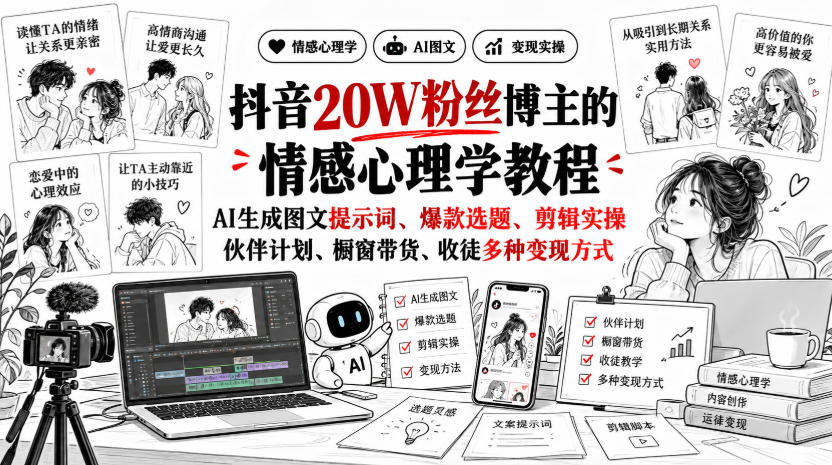 抖音20W粉丝博主静候心声的情感心理学教程,AI生成图文提示词、爆款选题、剪辑实操,伙伴计划、橱窗带货、收徒多种变现方式-泱泱学习社