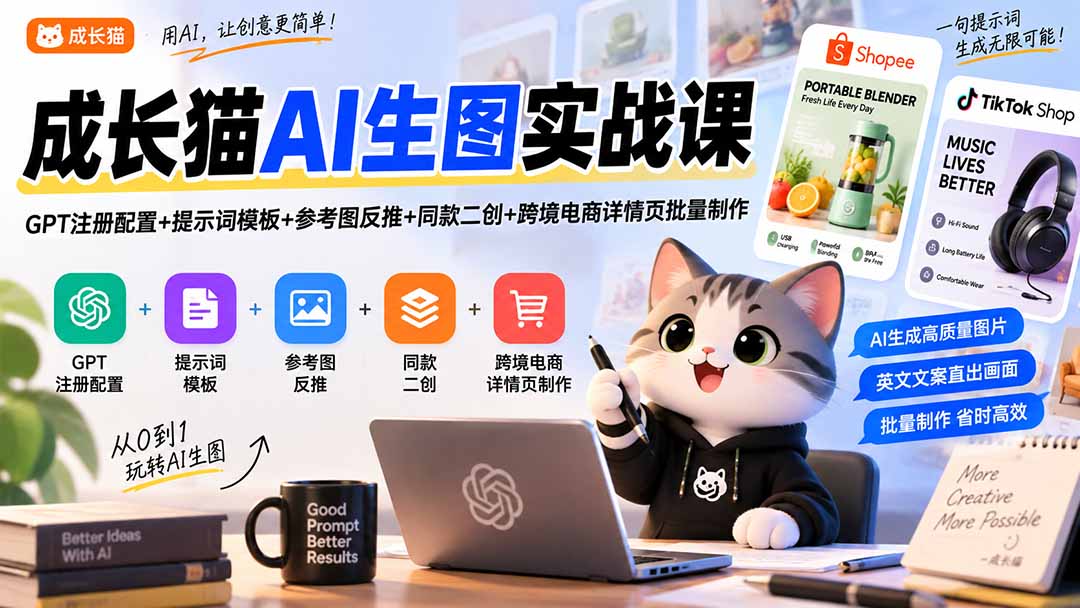 成长猫AI生图实战课|GPT注册配置+提示词模板+参考图反推+同款二创+跨境电商详情页批量制作-泱泱学习社