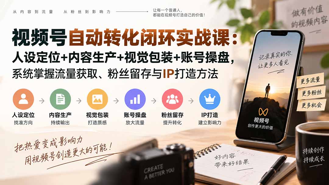 视频号自动转化闭环实战课:人设定位+内容生产+视觉包装+账号操盘,系统掌握流量获取、粉丝留存与IP打造方法-泱泱学习社