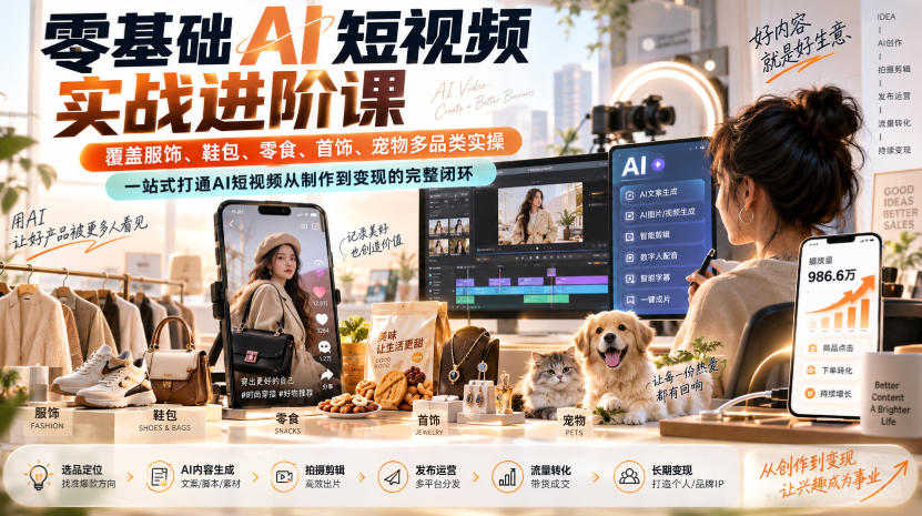 零基础AI短视频实战进阶课，覆盖服饰、鞋包、零食、首饰、宠物多品类实操，一站式打通AI短视频从制作到变现的完整闭环-泱泱学习社