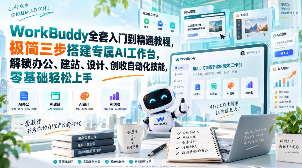 WorkBuddy全套入门到精通教程，极简三步搭建专属AI工作台，解锁办公、建站、设计、创收自动化技能，零基础轻松上手-泱泱学习社