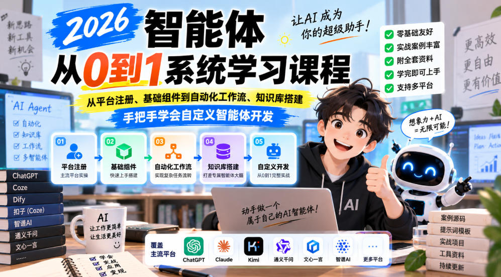 2026智能体从0到1系统学习课程，从平台注册、基础组件到自动化工作流、知识库搭建，手把手学会自定义智能体开发-泱泱学习社