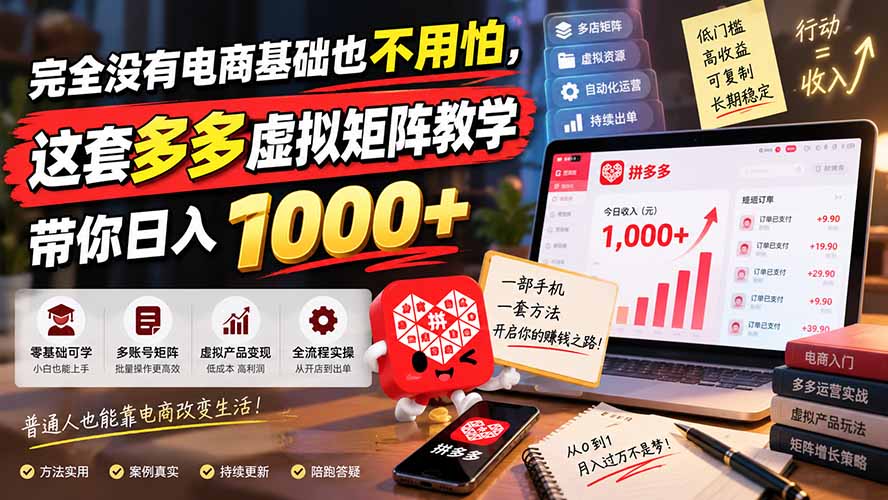 完全没有电商基础也不用怕,这套多多虚拟矩阵教学带你日入 1000+-泱泱学习社