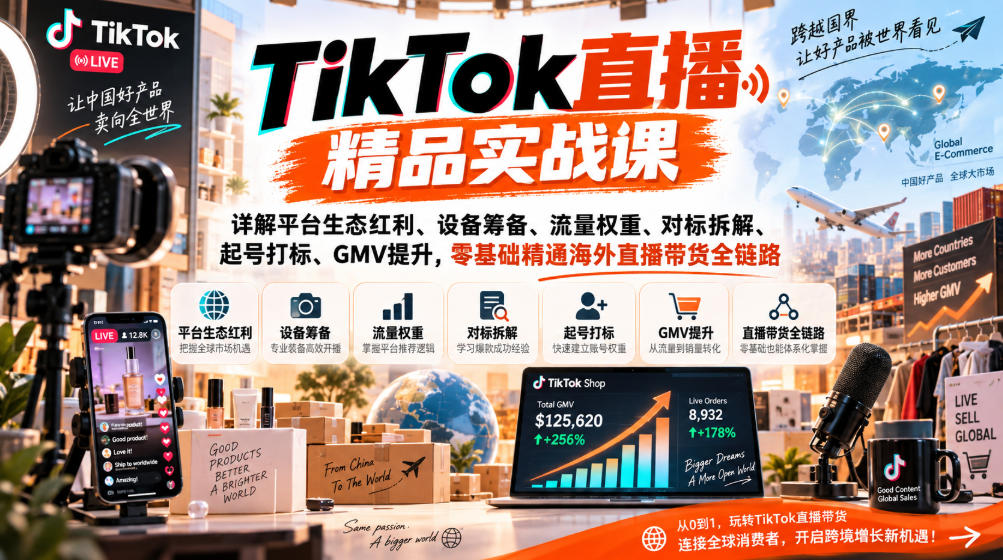 TikTok直播精品实战课，详解平台生态红利、设备筹备、流量权重、对标拆解、起号打标、GMV提升，零基础精通海外直播带货全链路-泱泱学习社