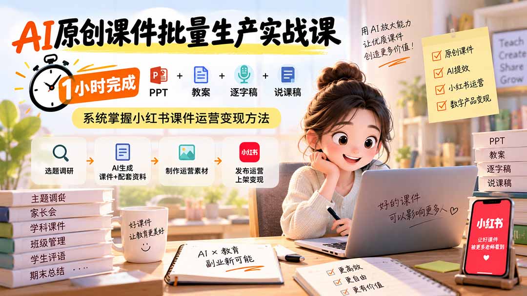 AI原创课件批量生产实战课：1小时完成PPT+教案+逐字稿+说课稿，系统掌握小红书课件运营变现方法-泱泱学习社