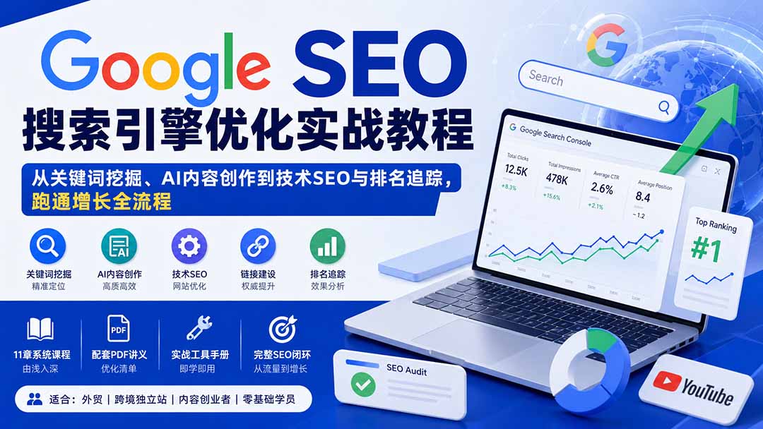 Google SEO搜索引擎优化实战教程：从关键词挖掘、AI内容创作到技术SEO与排名追踪，跑通增长全流程-泱泱学习社