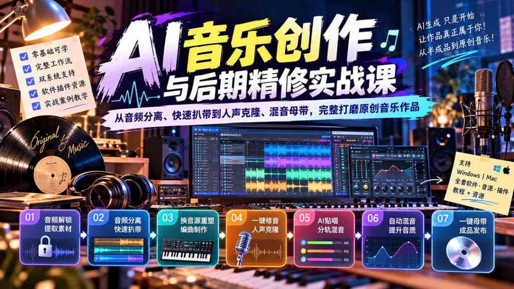 AI音乐创作与后期精修实战课：从音频分离、快速扒带到人声克隆、混音母带，完整打磨原创音乐作品-泱泱学习社