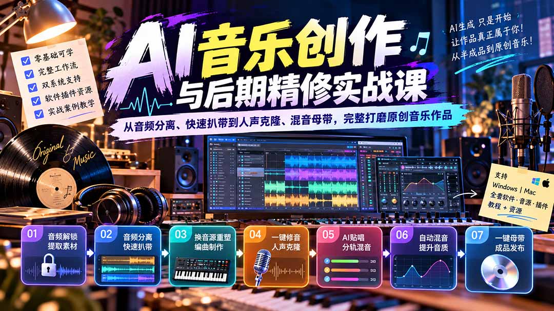AI音乐创作与后期精修实战课：从音频分离、快速扒带到人声克隆、混音母带，完整打磨原创音乐作品-泱泱学习社