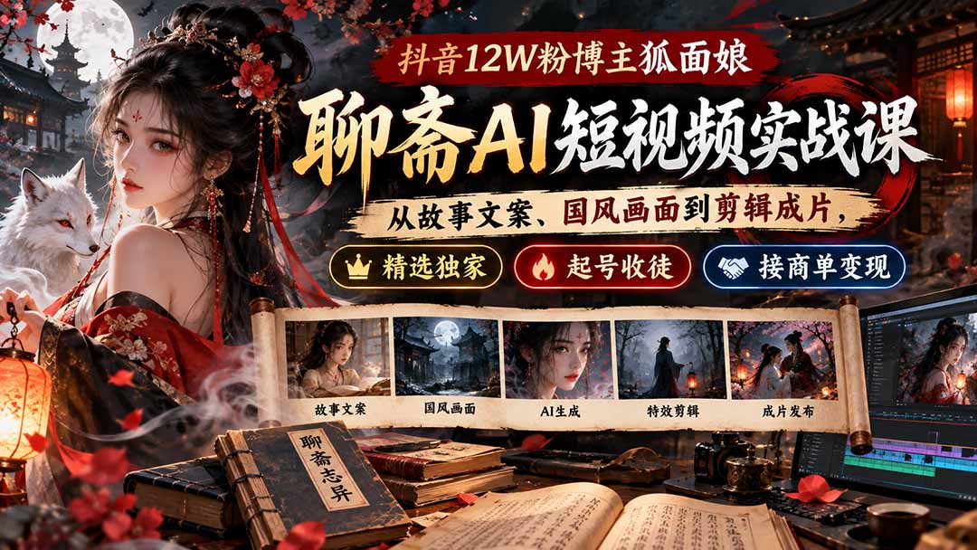 抖音12W粉博主狐面娘-聊斋AI短视频实战课：从故事文案、国风画面到剪辑成片，精选独家+起号收徒+接商单变现-泱泱学习社
