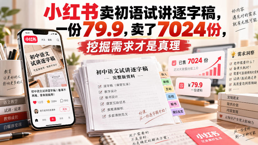 小红书卖初语试讲逐字稿，一份79.9，卖了7024份，挖掘需求才是真理-泱泱学习社