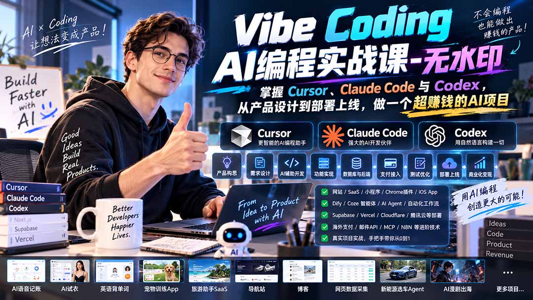 Vibe Coding AI编程实战课-无水印：掌握Cursor、Claude Code与Codex，从产品设计到部署上线，做一个超赚钱的AI项目-泱泱学习社