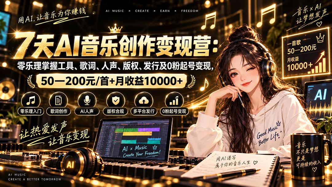 AI音乐创作变现营:零乐理掌握工具、歌词、人声、版权、发行及0粉起号变现,50—200元/首+月收益10000+-泱泱学习社