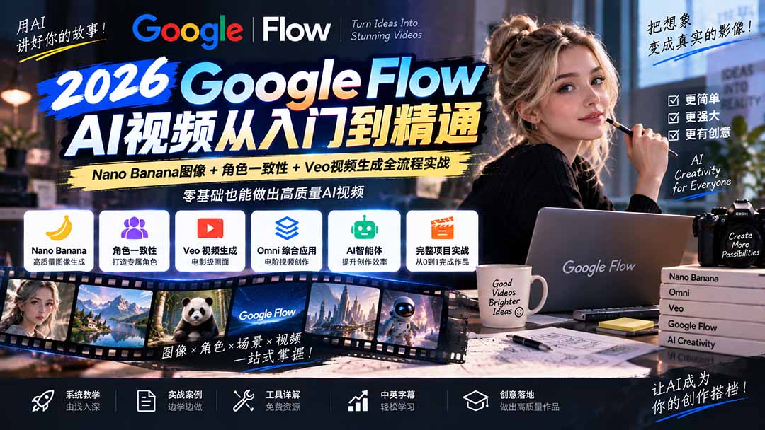 【无水印】Google Flow AI视频从入门到精通：Nano Banana图像+角色一致性+Veo视频生成全流程实战-精翻中英字幕-泱泱学习社