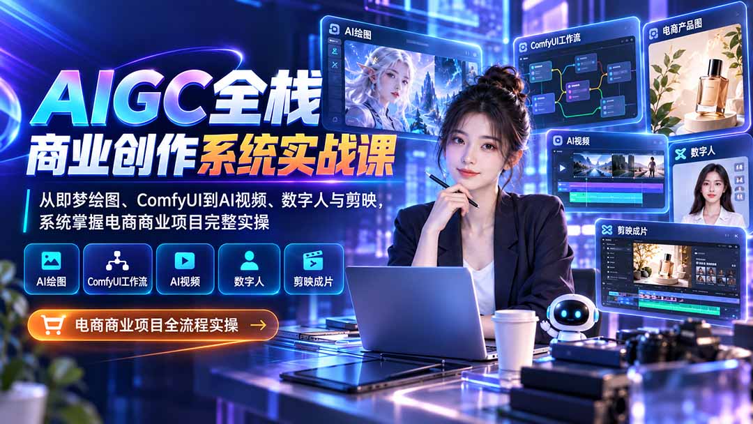 AIGC全栈商业创作系统实战课:从即梦绘图、ComfyUI到AI视频、数字人与剪映,系统掌握电商商业项目完整实操-泱泱学习社