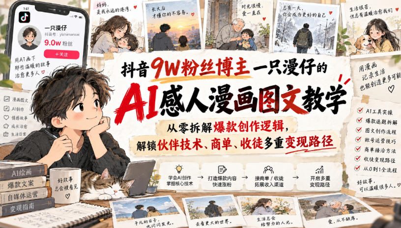 抖音9W粉丝博主一只漫仔的AI感人漫画图文教学,从零拆解爆款创作逻辑,解锁伙伴技术、商单、收徒多重变现路径-泱泱学习社