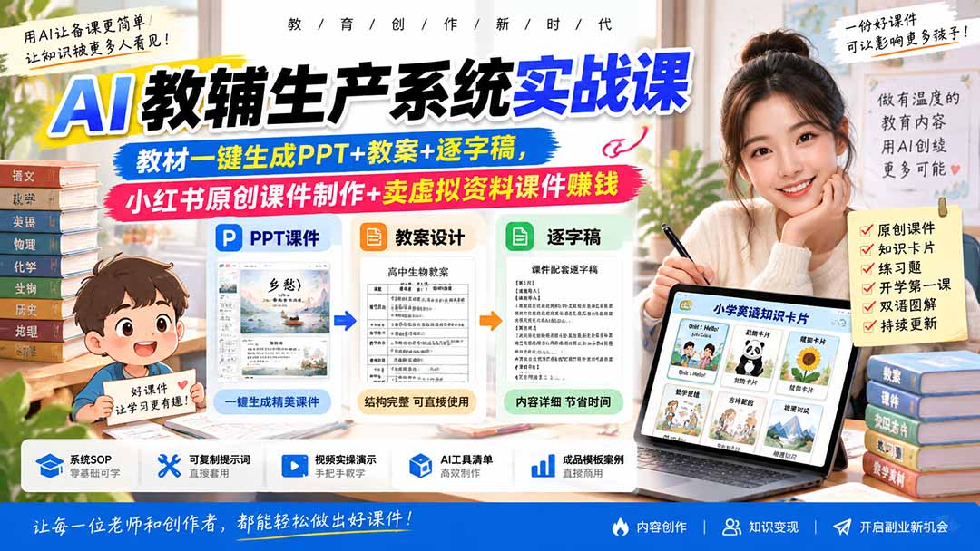 AI教辅生产系统实战课|教材一键生成PPT+教案+逐字稿,小红书原创课件制作+卖虚拟资料课件赚钱-泱泱学习社