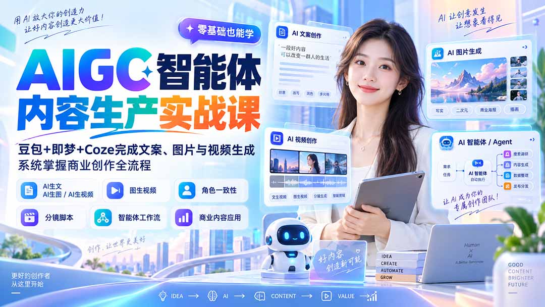 AIGC智能体内容生产实战课:豆包+即梦+Coze完成文案、图片与视频生成,系统掌握商业创作全流程-泱泱学习社