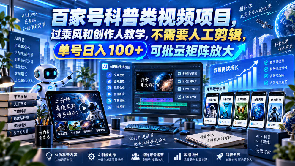 百家号科普类视频项目，过乘风和创作人教学，不需要人工剪辑，单号日入100+可批量矩阵放大-泱泱学习社