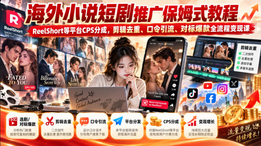 海外小说短剧推广保姆式教程｜ReelShort等平台CPS分成，剪辑去重、口令引流、对标爆款全流程变现课-泱泱学习社