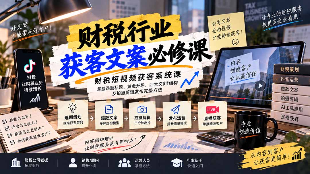 财税短视频获客系统课:掌握选题标题、黄金开场、四大文案结构及拍摄剪辑发布完整方法-泱泱学习社