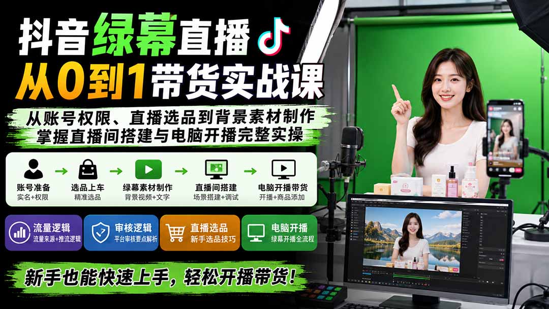 抖音绿幕直播从0到1带货实战课：从账号权限、直播选品到背景素材制作，掌握直播间搭建与电脑开播完整实操-泱泱学习社
