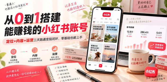 从0到1搭建能賺钱的小红书账号，定位+内容+运营三天跑通变现闭环-泱泱学习社