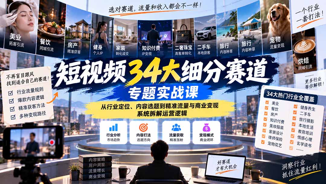 短视频34大细分赛道专题实战课:从行业定位、内容选题到精准流量与商业变现,系统拆解运营逻辑-泱泱学习社