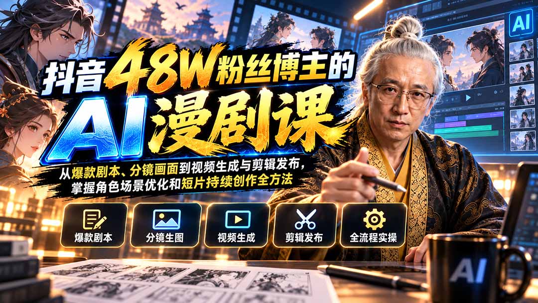 抖音48W粉丝博主的AI漫剧课：从爆款剧本、分镜画面到视频生成与剪辑发布，掌握角色场景优化和短片持续创作全方法-泱泱学习社