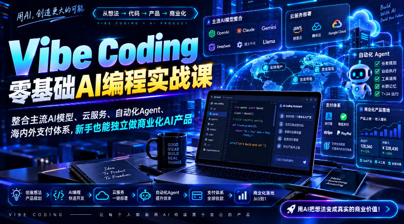 Vibe Coding零基础AI编程实战课-无水印，整合主流AI模型、云服务、自动化Agent、海内外支付体系，新手也能独立做商业化AI产品-泱泱学习社