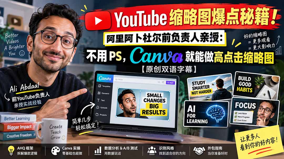 YouTube 缩略图爆点秘籍!阿里阿卜杜尔前负责人亲授:不用 PS,Canva 就能做高点击缩略图【原创双语字幕】-泱泱学习社