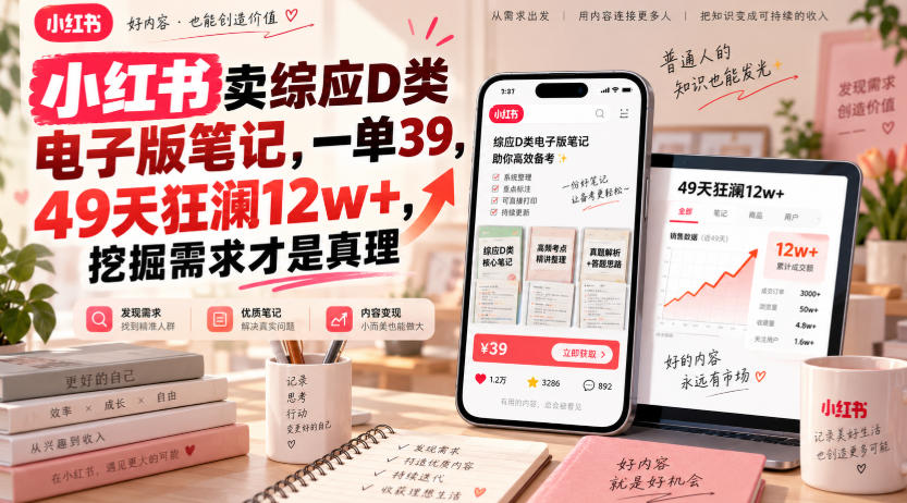 小红书卖综应D类电子版笔记,一单39,49天狂澜12w+,挖掘需求才是真理-泱泱学习社