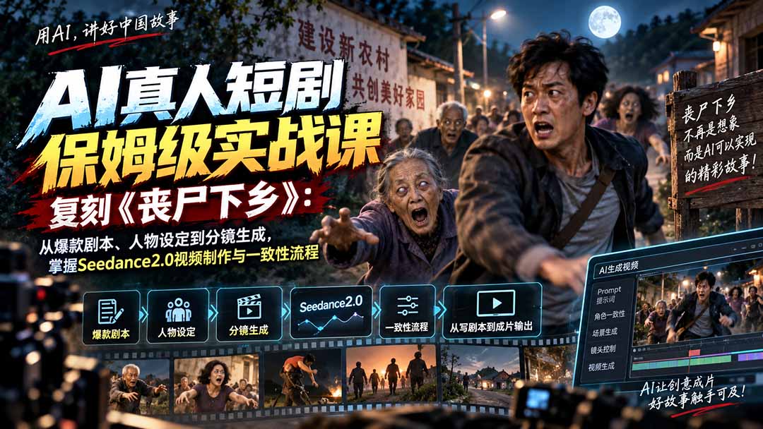 AI真人短剧保姆级实战课，复刻《丧尸下乡》：从爆款剧本、人物设定到分镜生成，掌握Seedance2.0视频制作与一致性流程-泱泱学习社
