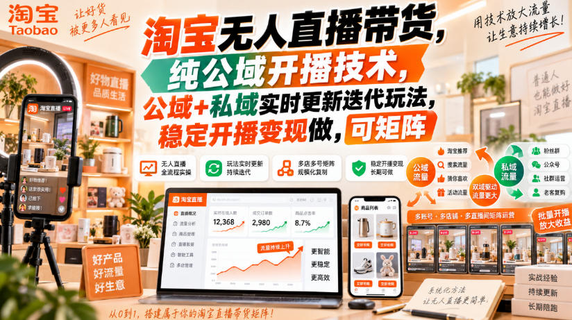 淘宝无人直播带货，纯公域开播技术，公域+私域实时更新迭代玩法，稳定开播变现做，可矩阵【揭秘】-泱泱学习社
