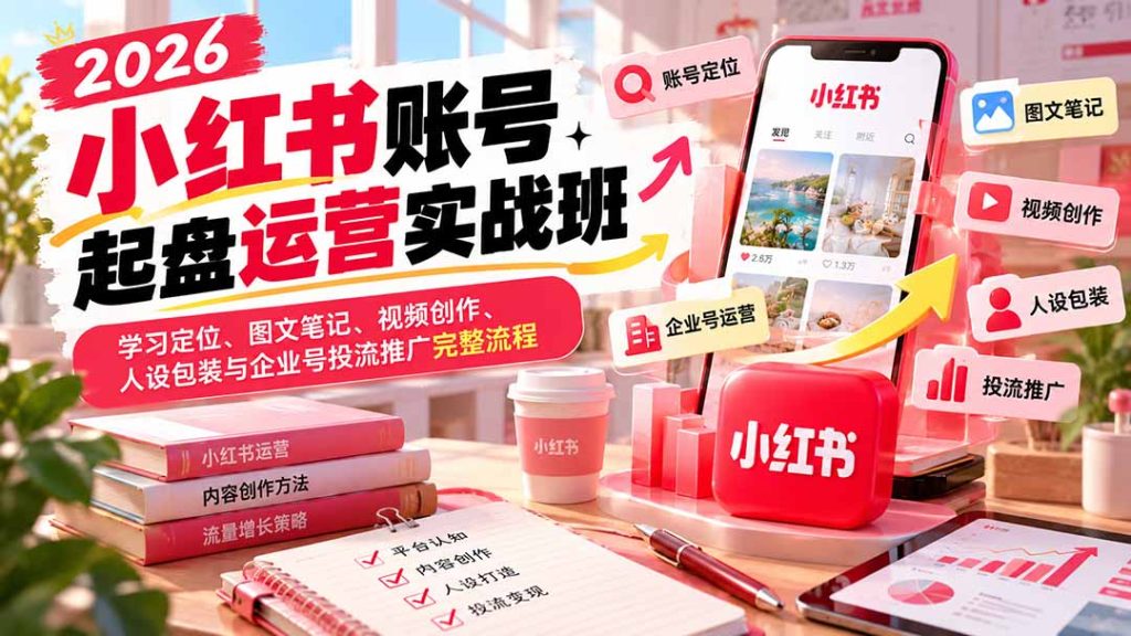 2026小红书账号起盘运营实战班：学习定位、图文笔记、视频创作、人设包装与企业号投流推广完整流程-泱泱学习社