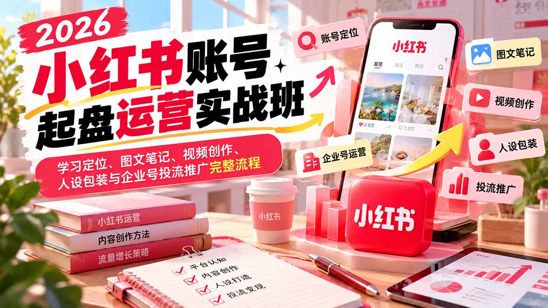 2026小红书账号起盘运营实战班：学习定位、图文笔记、视频创作、人设包装与企业号投流推广完整流程-泱泱学习社