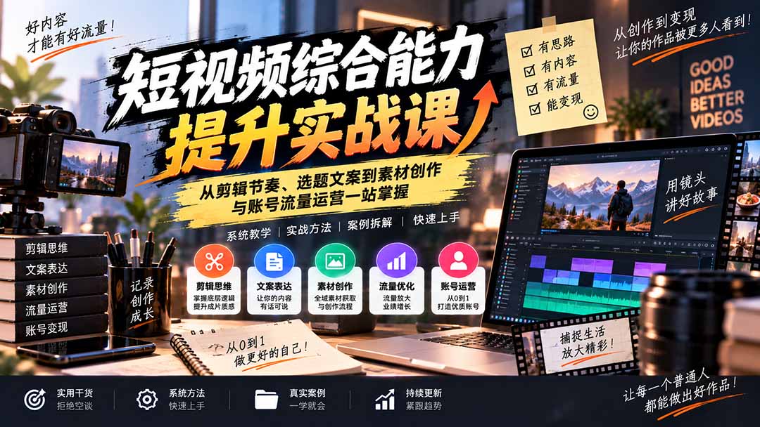 短视频综合能力提升实战课:从剪辑节奏、选题文案到素材创作与账号流量运营一站掌握-泱泱学习社