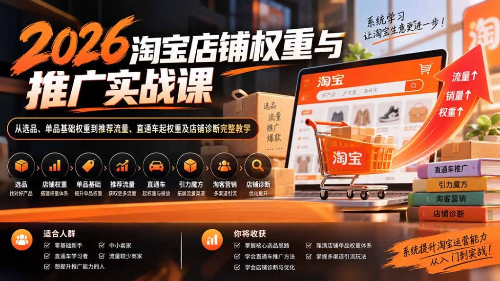 2026淘宝店铺权重与推广实战课:从选品、单品基础权重到推荐流量、直通车起权重及店铺诊断完整教学-泱泱学习社